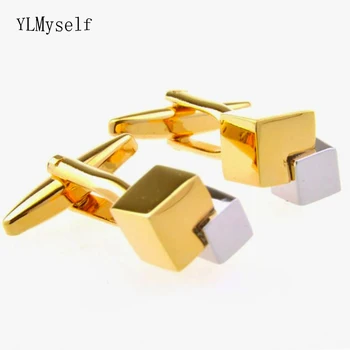 

2PRS/Lots Geometric Square cufflinks for mens 2 Tone Gold/White Plated cuff link for wedding Luxury Man's cuff buttons