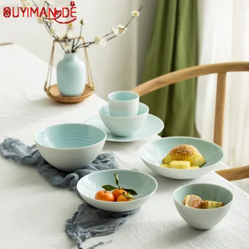 

Light Luxury Dishes and Dishes Household Celadon Underglaze Tableware Set Rice Bowl Noodle Bowl Deep Plate Big Soup Bowl