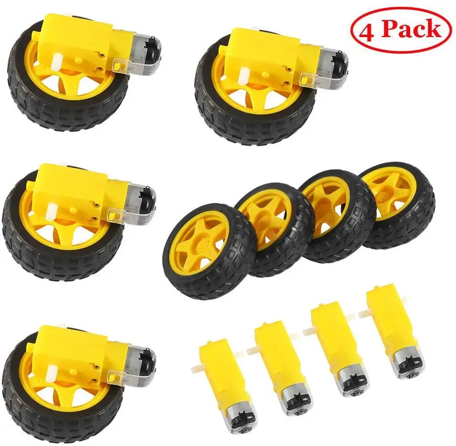 

8pcs/lot 4pcs TT motor + 4pcs 65mm wheel DC3V-6V Motor 130 Gear motor with the wheel for Arduino Smart Car Robot TT Motor 3V-6V