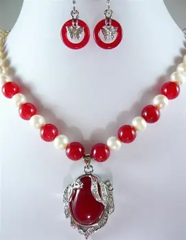 

noblest red jade-white pearl necklace pendant earring set 18"AAA