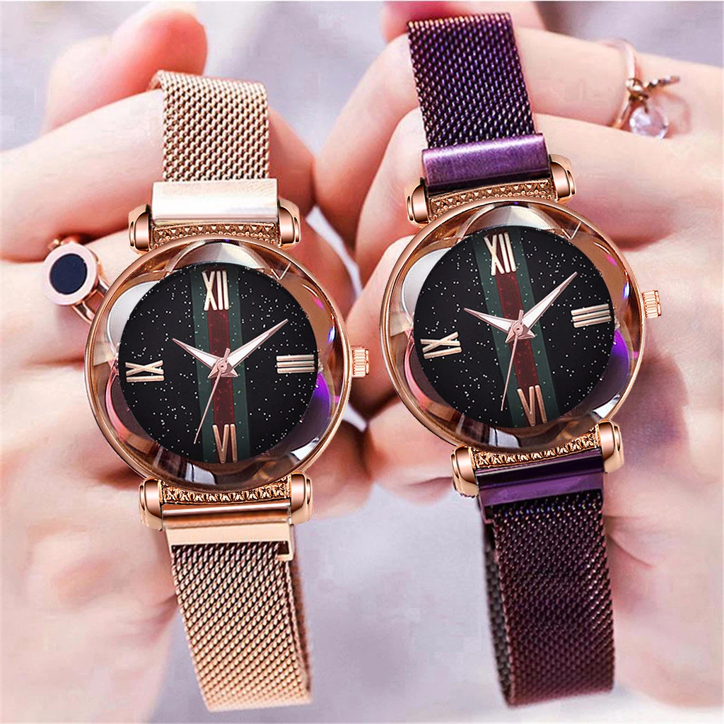 

Women Rose Gold Starry Sky Roman Numeral Watches Luxury Ladies Quartz Flower Surface Magnetic Clock Watch Relogio Feminino
