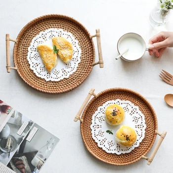 

Rattan Storage Tray Round Basket with Handle, Hand-Woven, Rattan Tray Wicker Basket Bread Fruit Food Breakfast Display L#