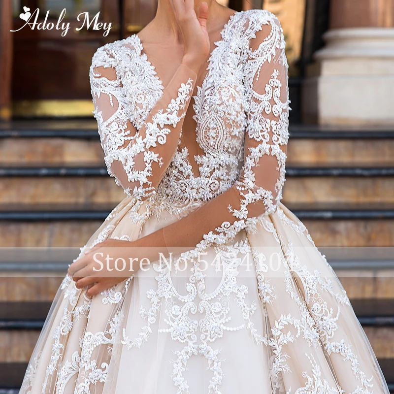 Adoly Mey Luxury Appliques Long Sleeve Beaded A-Line Wedding Dress 2022 Romantic Scoop Neck buttons Vintage Bride Gown Plus Size affordable wedding dresses