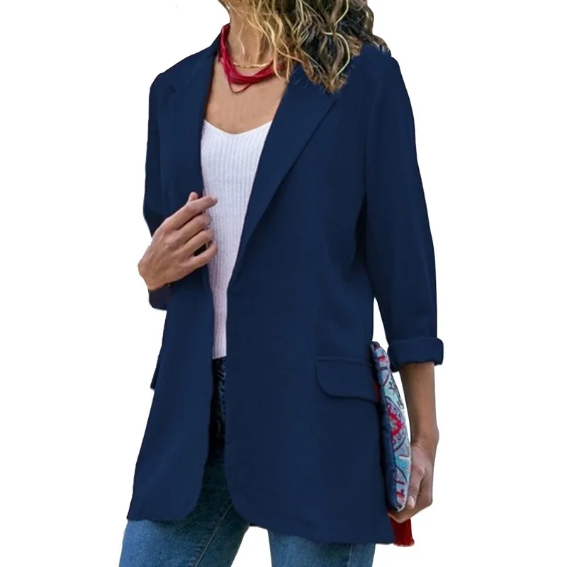 OEAK Женский Повседневный тонкий модный кардиган с отворотом офисный Блейзер длинный рукав сплошной цвет карман Куртка Верхняя одежда