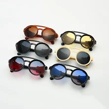 Двухлучевая кожаная оправа панк Солнцезащитные очки для женщин Ретро стиль круглые стимпанк Солнцезащитные очки UV400 очки с градиентными линзами