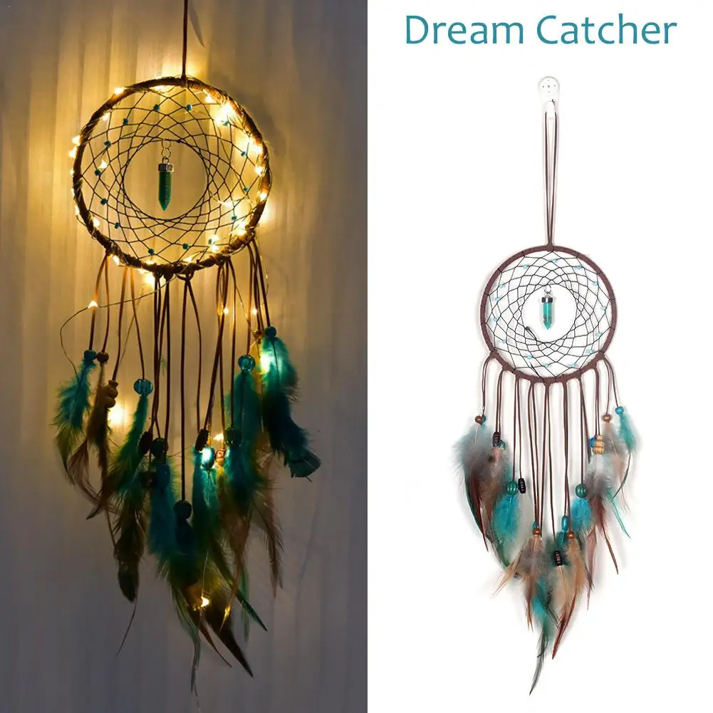 Dream Catcher Led Handmade Hanging With Rattan Bead Feather Wall Decoration Ornament Dreamcatcher Night Light | Дом и сад