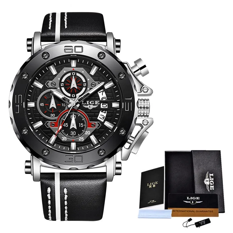2020LIGE новые модные мужские часы Топ бренд класса люкс Большой циферблат военные кварцевые часы кожа водонепроницаемые спортивные часы с хронографом для мужчин - Цвет: Silver black