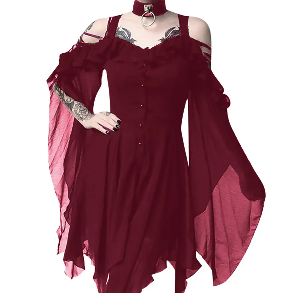 Женское платье, модное, с оборками, с рукавами, с открытыми плечами, готическое, миди платье, летнее, повседневное, женское, пляжное платье Vestidos размера плюс 5xl# J30 - Цвет: Бургундия
