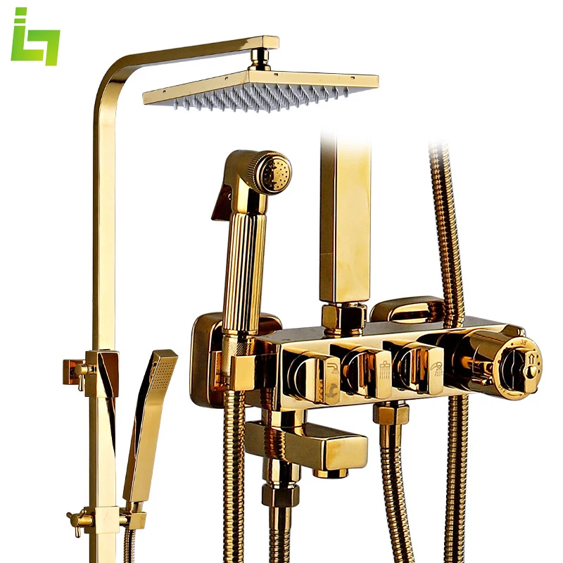 Luxury Gold Bathroom Thermostatic  Shower Faucet Set All Brass Button Hot and Cold Water Bathtub Mixer Tap High Quality