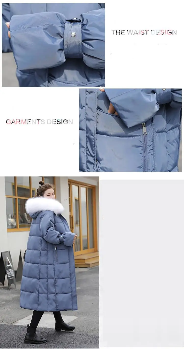 Зимний женский большой пуховик из искусственного меха с капюшоном, хлопковый удлиненный женский жакет в стиле кэжуал, стеганая Толстая теплая тонкая куртка, парки Mujer W21