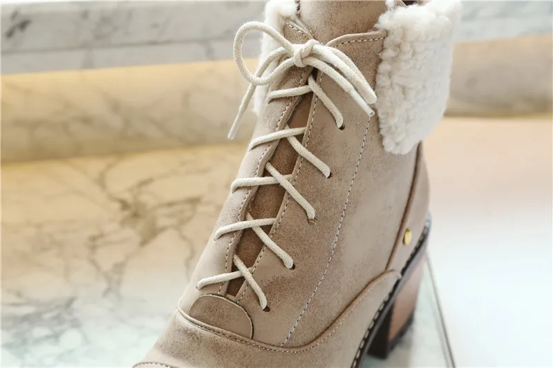 MORAZORA/Новое поступление года; зимние ботинки; женская повседневная обувь на квадратном каблуке со шнуровкой и круглым носком; Модные женские ботильоны с искусственным мехом