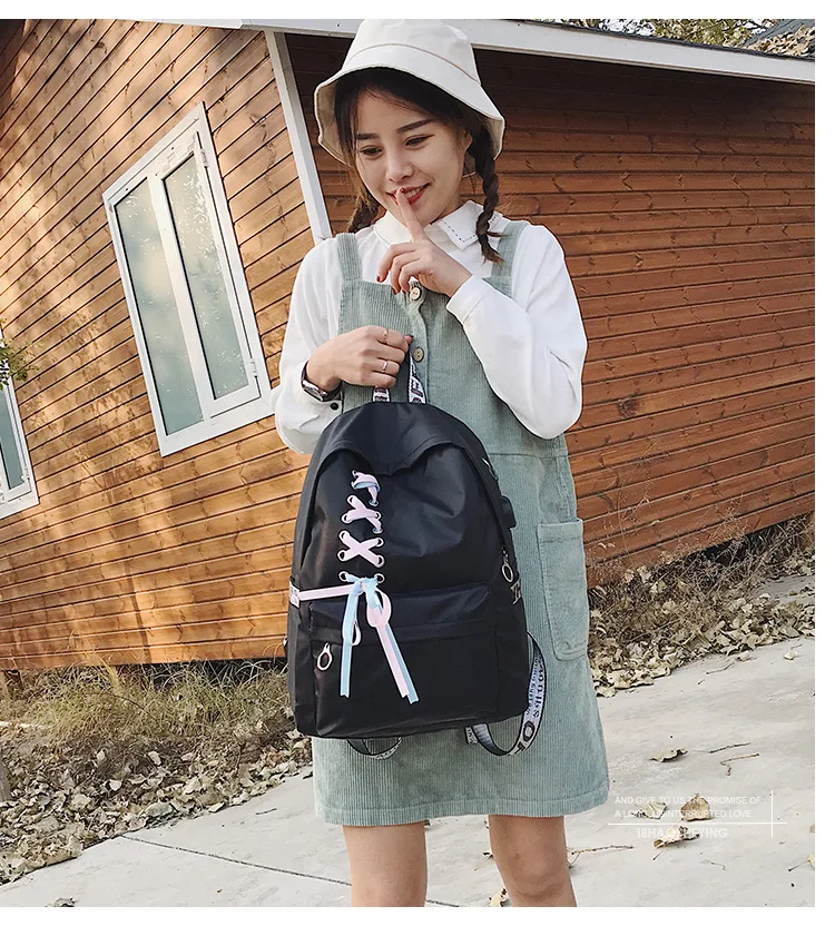 Cross Border for Oxford Cloth Backpack Women's Fashion Korean-style Casual WOMEN'S Bag Middle School Students School Bag Ribbon