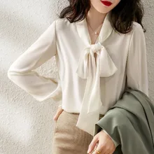 

Fashion Woman Blouses 2022 Spring Korean Temperament All-match Chiffon Shirt Big Streamer Chic Bow Tie Long Sleeve Top Female