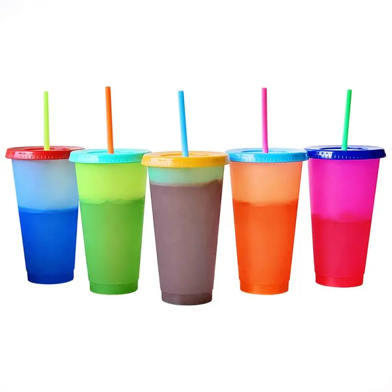 5Pcs Temperature Color Changing Cold Cups Reusable Water Coffee Mug With Straws Drink Bottle New | Дом и сад