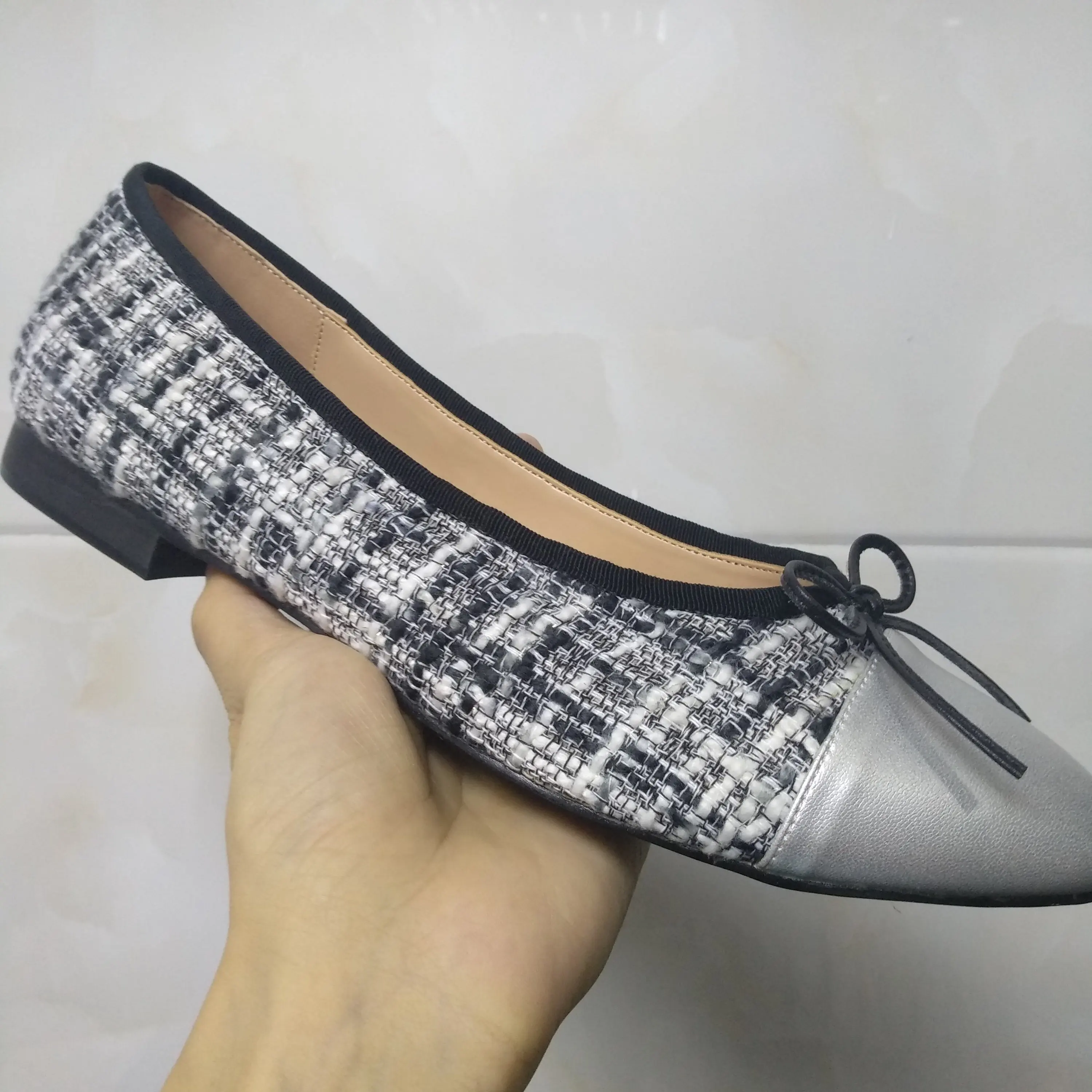 Женские тонкие туфли; два цвета; Классические балетки с бантом; женские туфли-лодочки на низком каблуке с закрытым круглым носком; большие размеры - Цвет: Grey 5