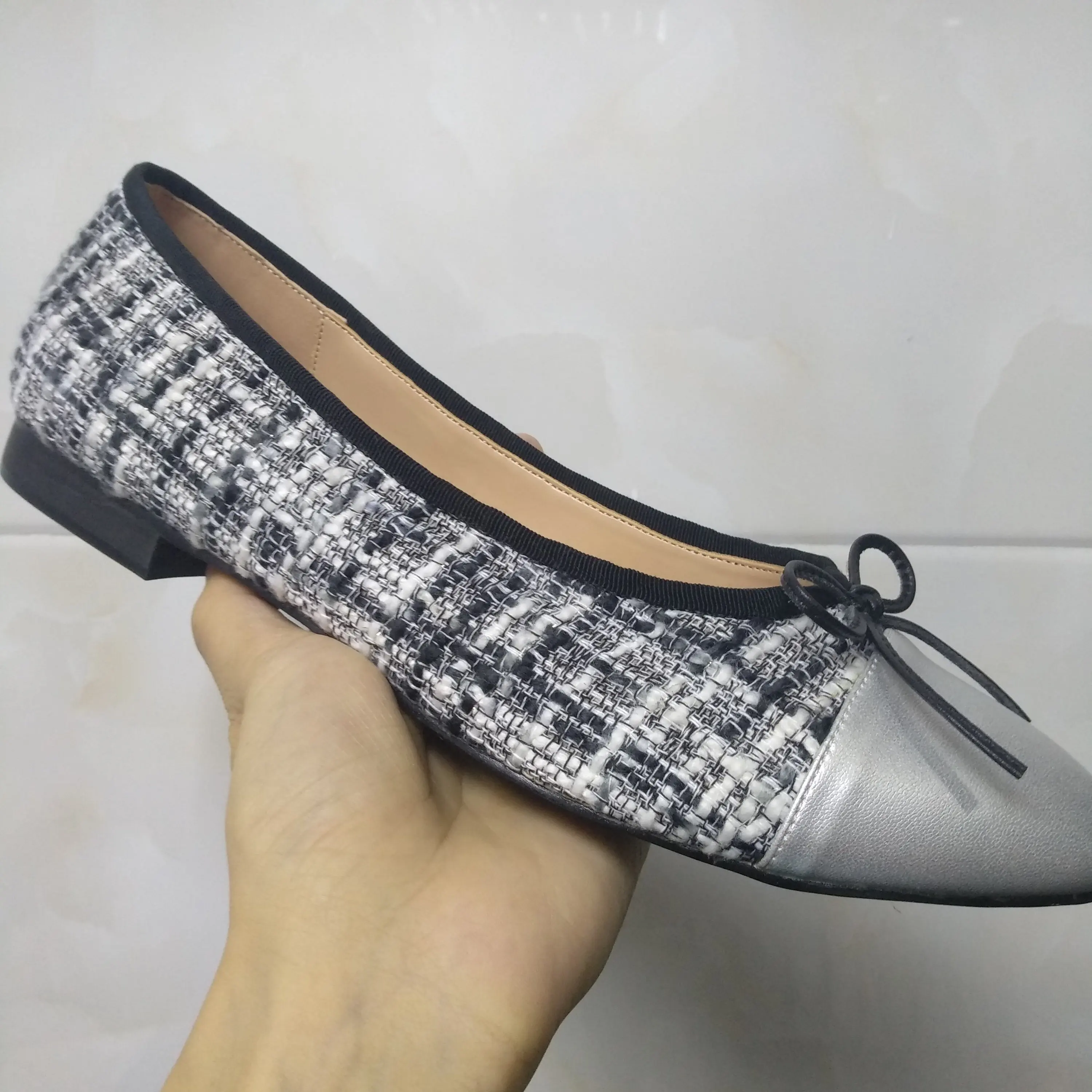 Grey 5 Женские тонкие туфли; два цвета; Классические балетки с бантом; женские туфли-лодочки на низком каблуке с закрытым круглым носком; большие размеры - Цвет: Grey 5