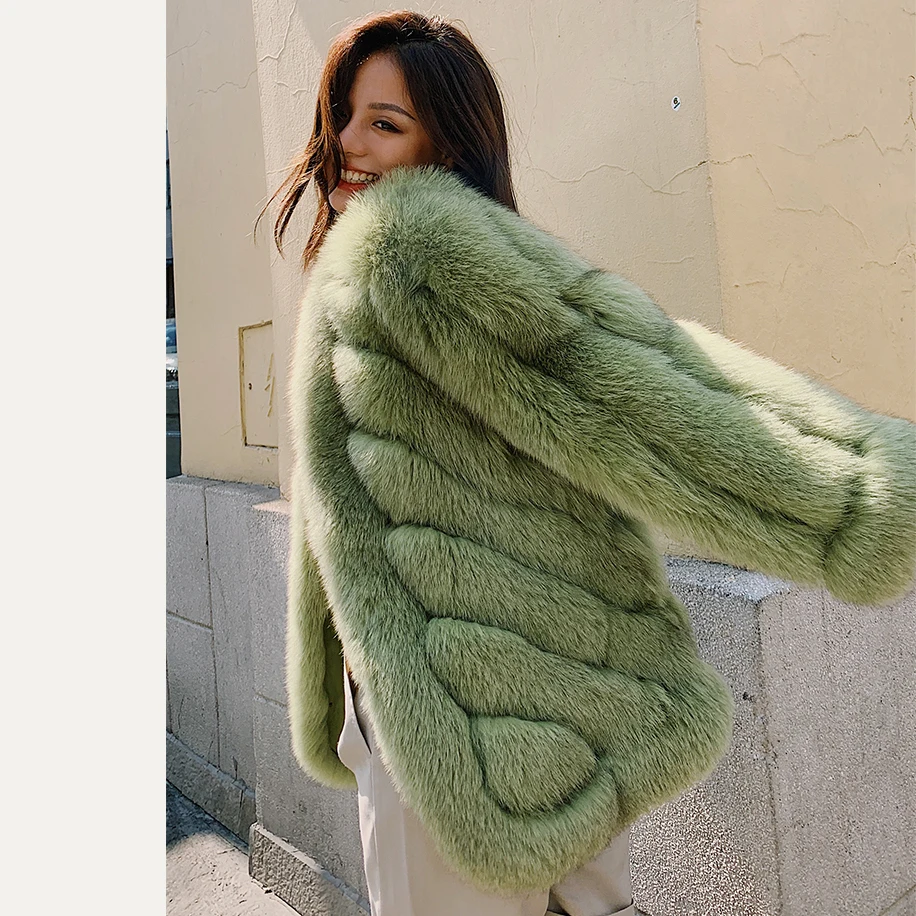 FURSARCAR 2021 New Design Twill Winter Women's Fur Jacket 60cm Long Matcha  Green Color Natural Fox Fur Coat Fashion Genuine Fur