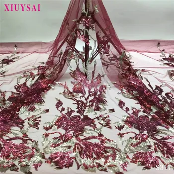 

XIUYSAI High Quality French Nigerian Sequins Net Lace, 2020 African Tulle Mesh Sequence Lace Fabric For Party Dress 5 Yards/lot