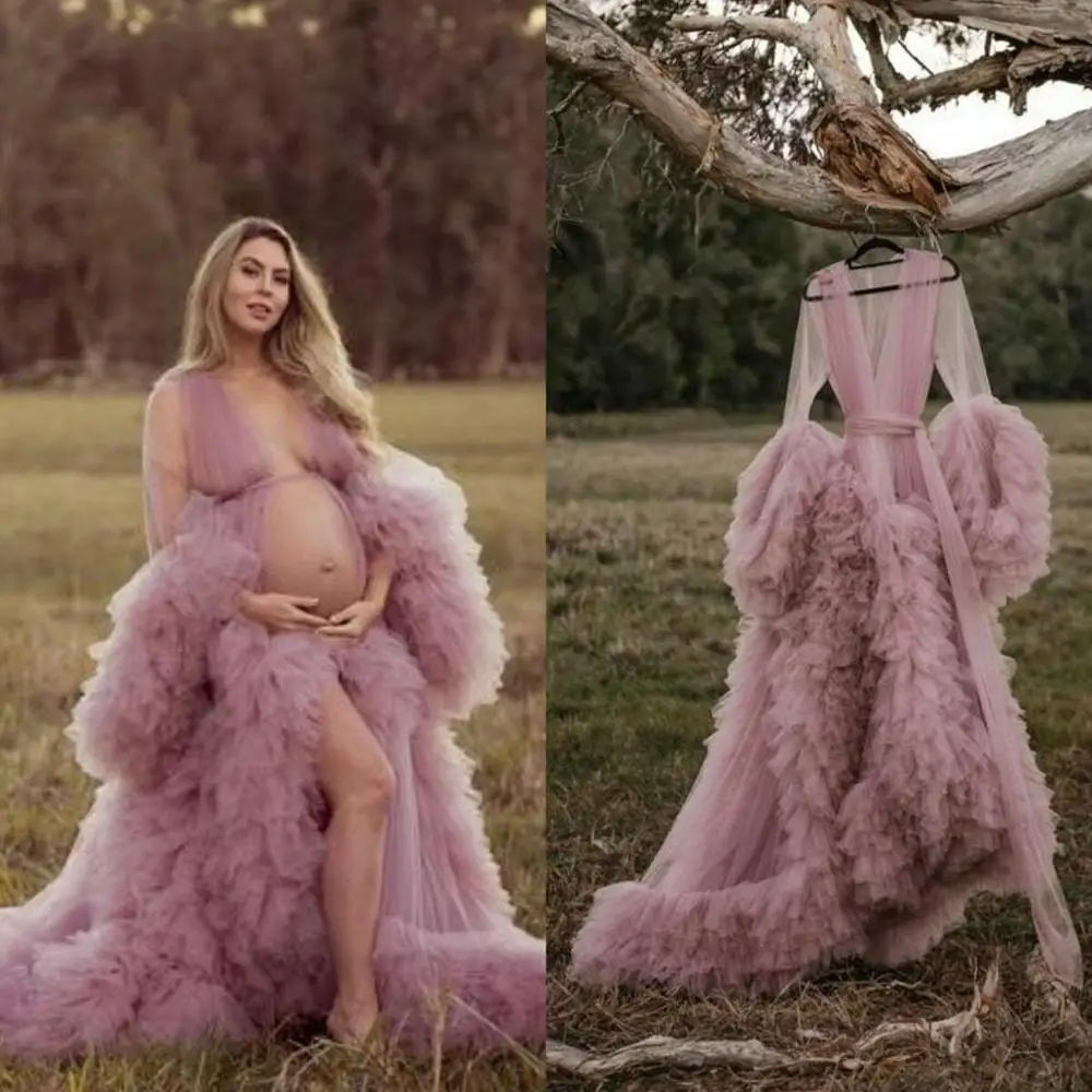 Maternity Robes Bathrobe Women Long Tulle Dresses Photo Shoot Birthday Party Bridal Fluffy Party Sleepwear Made maternity dress robe