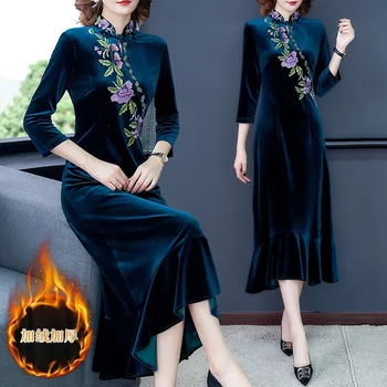 

Fall Winter Womens Female Embroidery Floral Slim Velour Cheongsam Trumpet Dress , Woman Warm Ruffles Mermaid Velvet Dresses