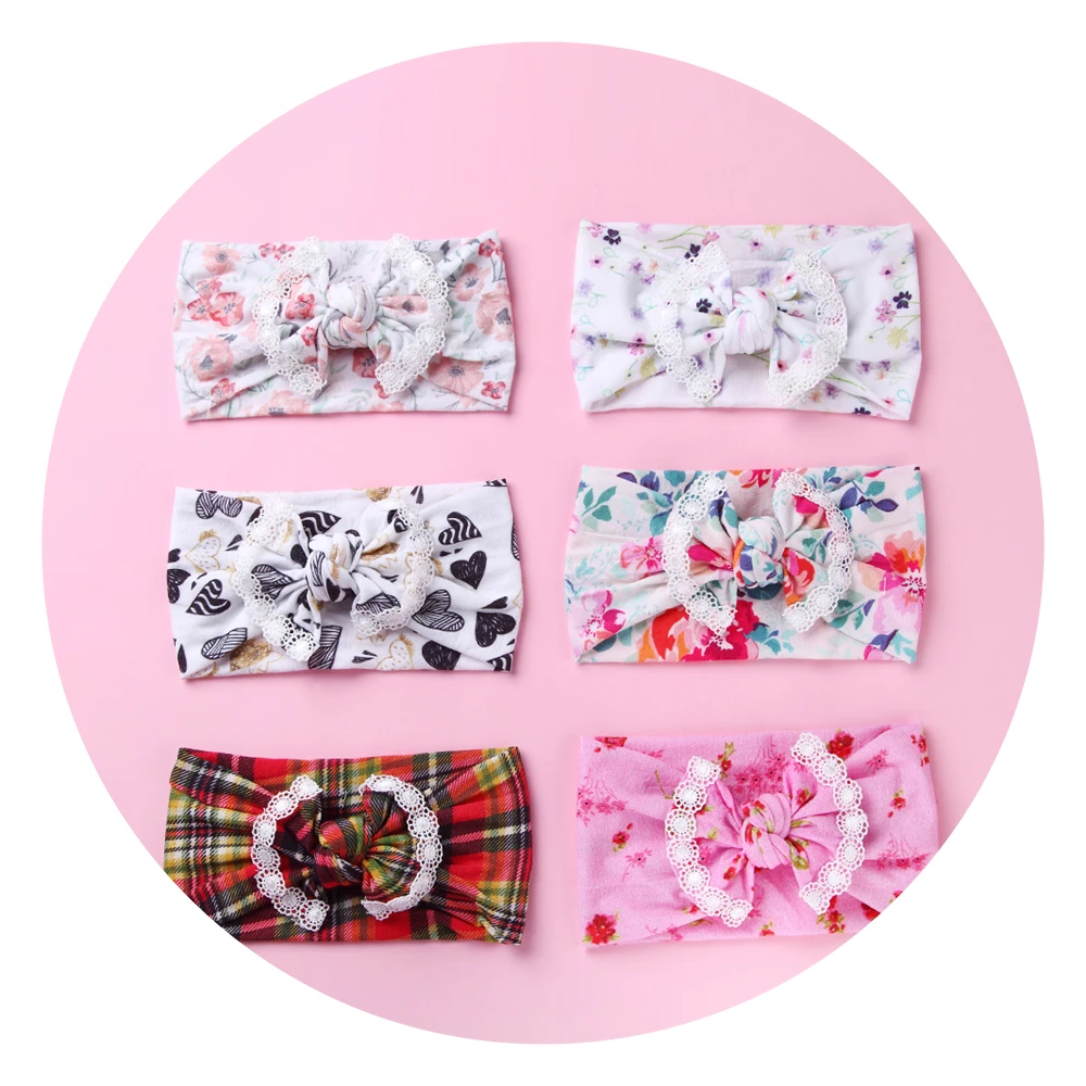 

Print Hair Bows Headband For Children Lace Trimming Hair bands Turban Headbands For Girls Toddler Baby Girl Hair Accessories New