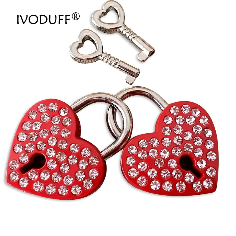 3 Colors Rhinestone Diamond Love Heart Padlock Lock Key For Luggage Decoration
