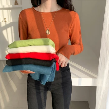 

Will ~ round collar spring style restoring ancient ways of maxillary female long sleeve T-shirt in pure color joker render knitw
