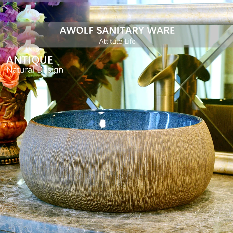 

Art Bathroom Sinks Antique Washing Basin Bowl Imitation Stone Carving Ceramic Vessel Counter Top Lavatary Garden Sink AM953