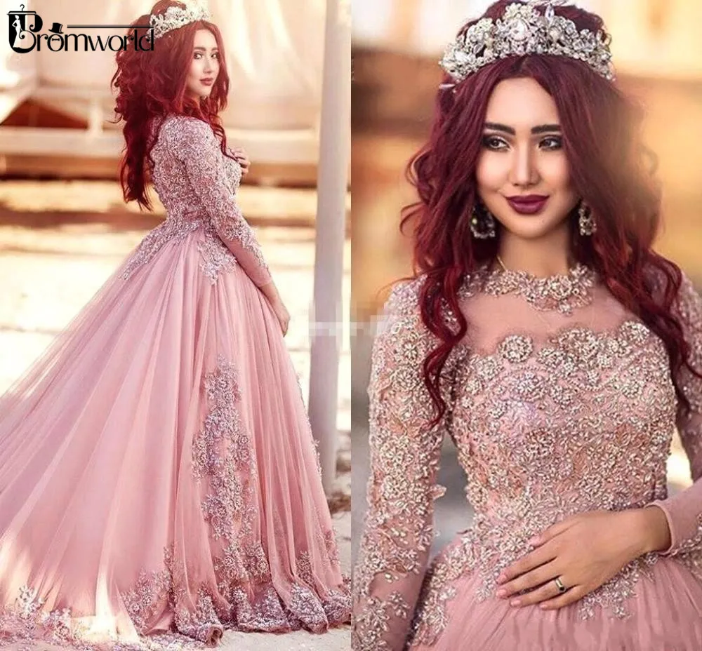 2019 Baljurk Lange Mouwen Avondjurken Roze Prinses Moslim Dubai Formele Prom Jurk Met Kralen Kant Custom Made 2019 Baljurk Lange Mouwen Avondjurken Roze Prinses Moslim Dubai Formele Prom Jurk Met Kralen Kant Custom Made