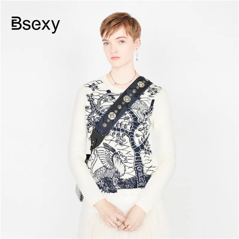 

Runway Sweater Women 2019 Fashion Animal Embroidery Knitted Pullover Sweater Autumn Winter Loose Jumper