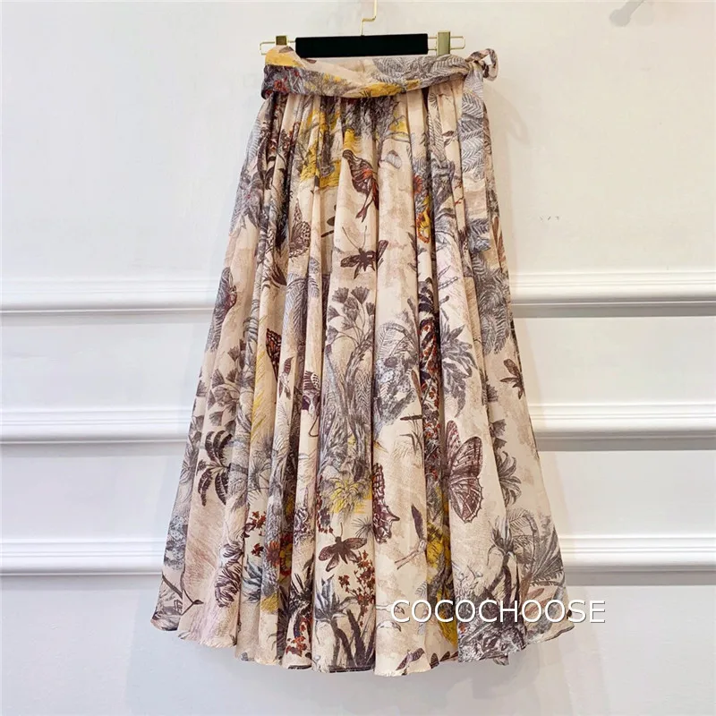 

Women print cotton skirts 2019 brand runway mesh layer inside long skirts green