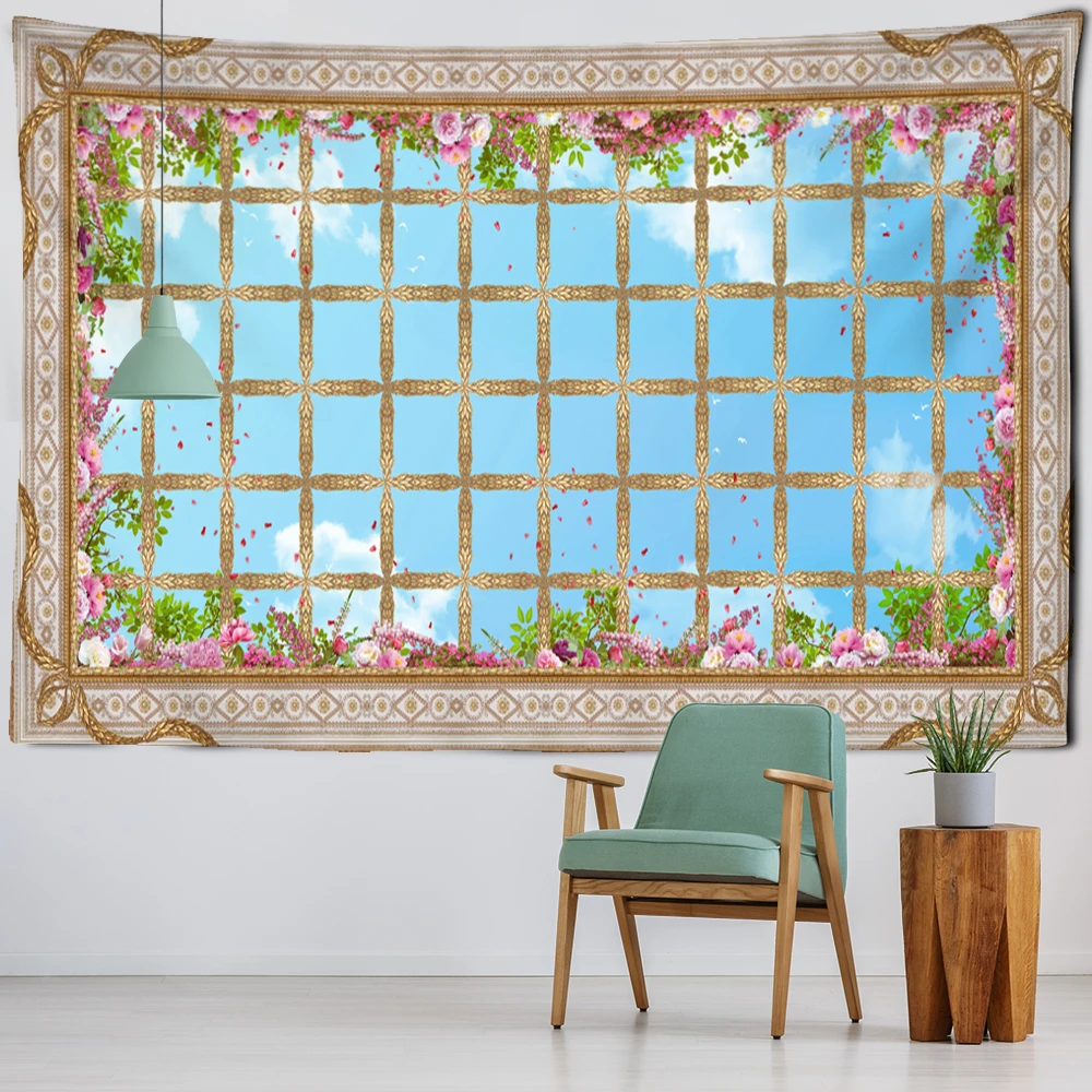 Scenery Outside the Window Tapestry Flower Green Plant Wall Hanging Hippie Mandala Bedspread Bohemian Art Home Decor