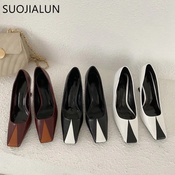 

SUOJIALUN Fashion Brand Women Pump Shoes Ladies Square Toe Thin High Heel Party Shoes Stitching Fabric Women Pumps