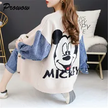 Кардиган размера плюс с рисунком из мультфильма, свитер для женщин, свободная джинсовая куртка в стиле пэчворк с Микки Маусом, женские вязаные кардиганы, свитер, верхняя одежда для женщин