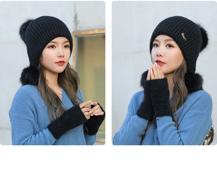 Норковая шерстяная вязаная шапка, уличная защита ушей, женская зимняя шапка, набор перчаток