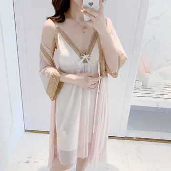 

Lace Sexy Kimono Bathrobe Gown Women Pink Homewear 2PCS Sleep Set Mesh Casual Nightwear Sleep Set Summer New Home Clothing