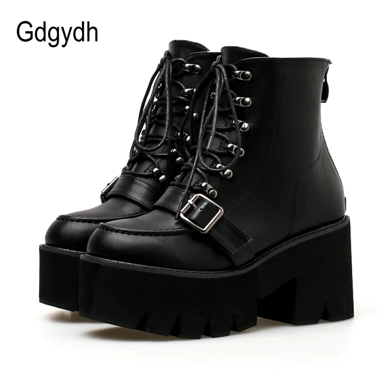 Женские короткие ботинки Gdgydh черные из мягкой кожи на шнурках с закругленным
