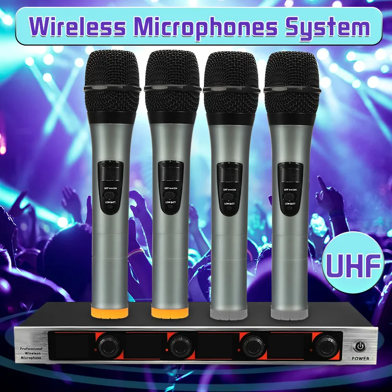 

Professional 4 Handheld UHF Frequencies Dynamic Capsule 4 channels Wireless Microphone for Karaoke System Kraoke Speech Party