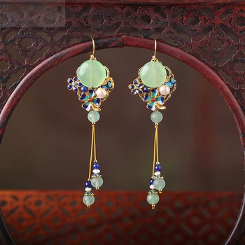 

2020 NEW Pearl Color Jade Earrings Female Cloisonne Flower Accessories Earrings Fresh Retro Long Tassel Earrings