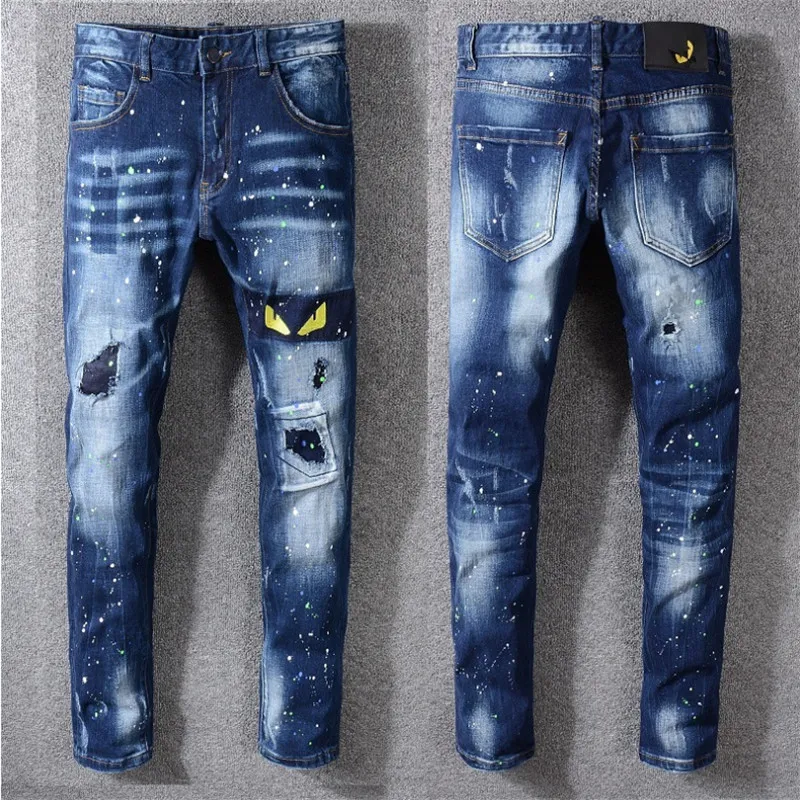 

New Italy Style Men's Distressed Monster's Yellow Eyes Embroidered Oiled Pants Blue Skinny Jeans Slim Trousers Size 29-40