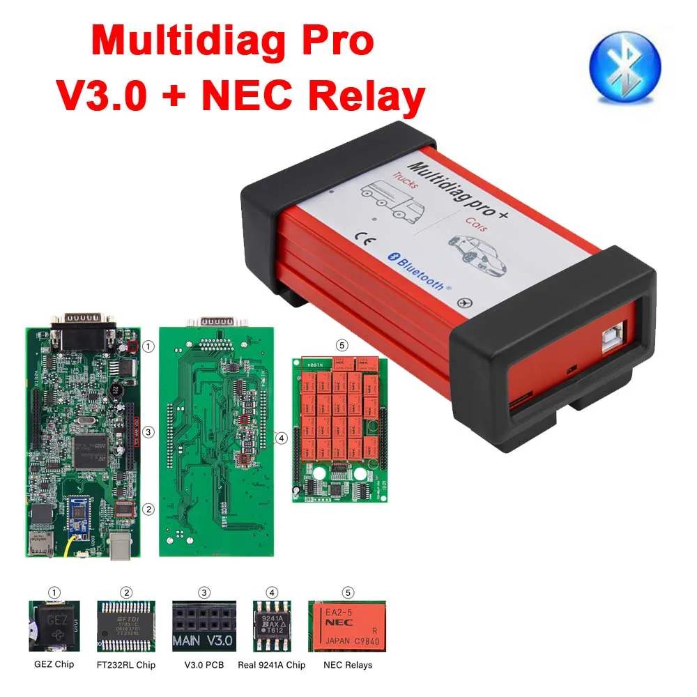 TCS Pro. R3/. R1 V3.0 PCB NEC Реле 9241A Bluetooth Multidiag Pro OBDII Автомобильный грузовик диагностический инструмент OBD2 сканер,00 - Цвет: Multidiag Pro BT