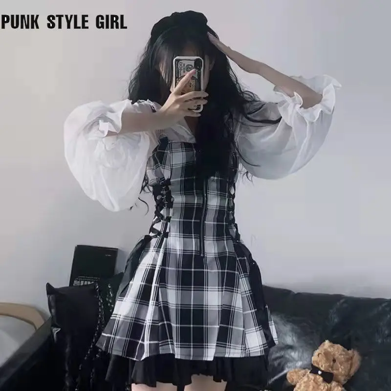 Кавайное клетчатое мини-платье в стиле "Лолита" сарафан эмо-АЛТ для E-Girl Y2k