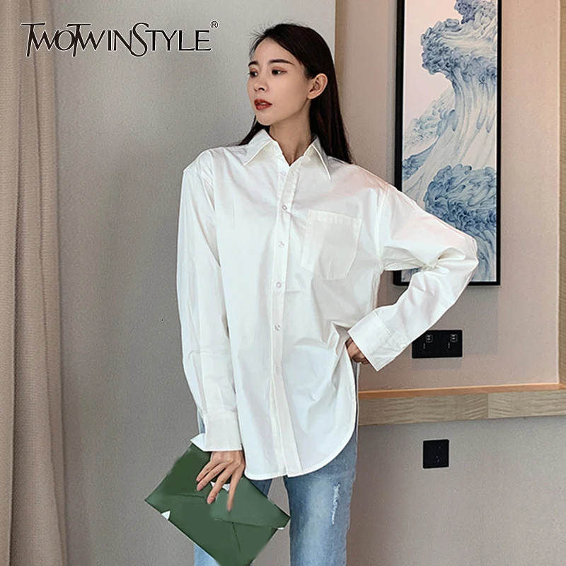 TWOTWINSTYLE корейские белые женские рубашки воротник с лацканами длинный рукав