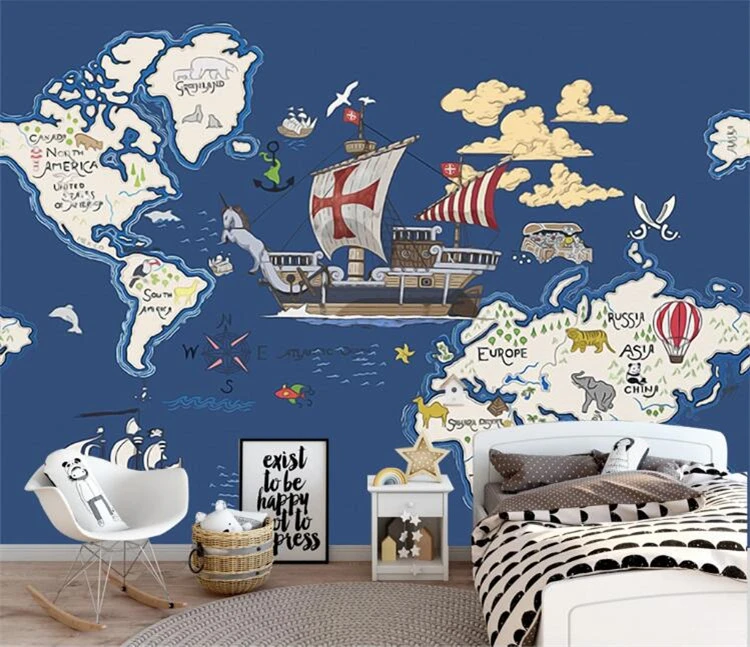 Grand Papier Peint Mural Vert Motif Carte Du Monde Des Animaux Au Tresor Motif Vent Nautique Pour Arriere Plan De La Chambre D Un Enfant Aliexpress
