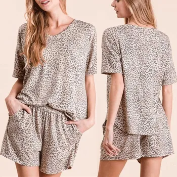 

Leopard Print Pajamas Sets For Women Short Sleeve Tops+Short Sleepwear Femme Pyjamas Nightwear Summer Casual Loose Home Clothes