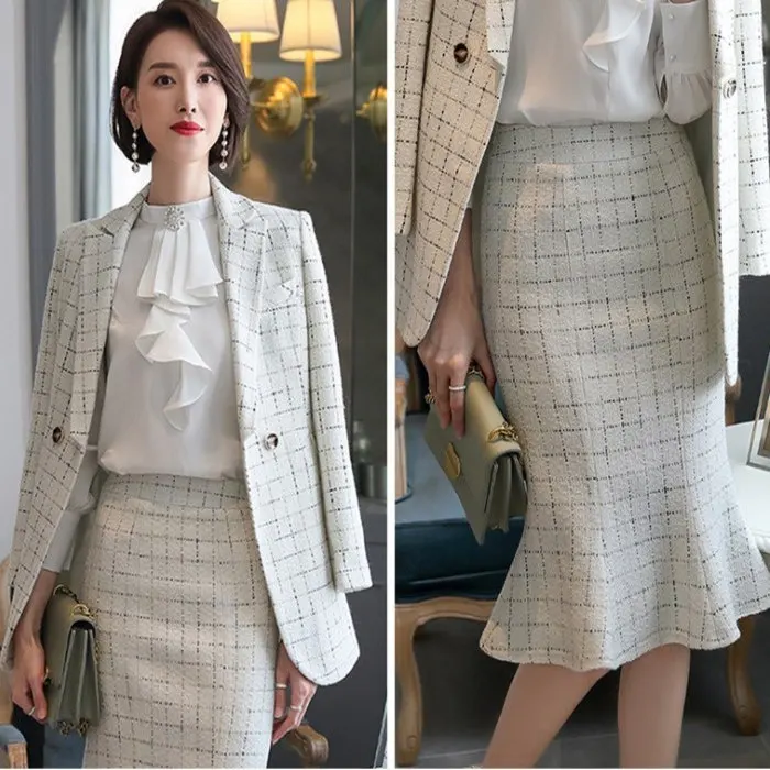 Office Uniform Ladies Elegant Work Skirt Suits Women Black White Plaid Long Skirt with Blazer Autumn Winter Jacket and Skirt Set