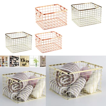 

Metal Rose Gold Storage Basket Vogue Chic Nordic Hand-made Iron Net Table Shelves Basket Bath Clothes Cosmetics Storage Basket