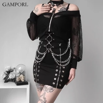 

GAMPORL Women Leather Harness Chain Garters Belt Body Bondage Adjustable Cage Lingerie Harajuku Goth Pole Dance Party Wear Tops