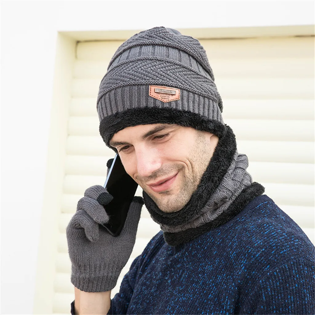 Зимняя мужская шапка шарф перчатки набор плюс бархатная Толстая вязаная шапка глушитель уплотнительное кольцо для перчаток шарф Набор однотонная наружная теплая шляпа шарф перчатки