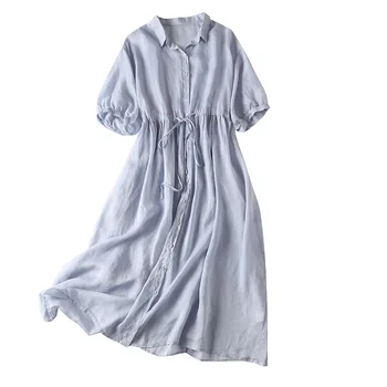 

Ramie Vintage A-Line thin summer dresses for obese women Turn-down Collar Mid-Calf Korean fashion dresses blue pink